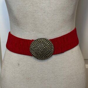 Vintage Red Adjustable Stretch Belt with Round Gold Tone Buckle